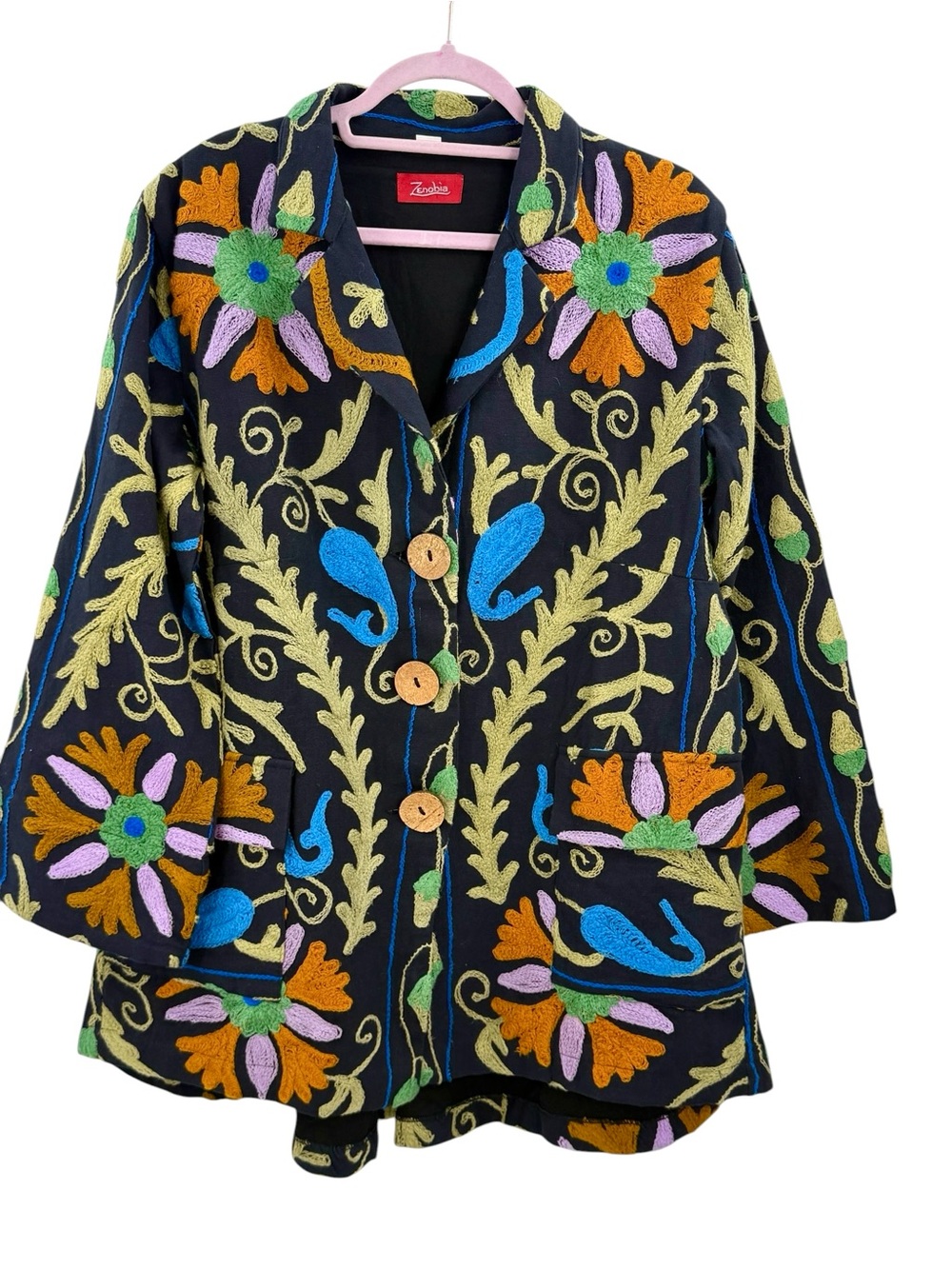 Vintage Zenobia Embroidered Floral Suzani Jacket Coat Boho Art-to-Wear Festival